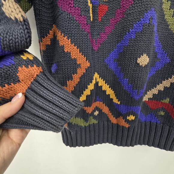Vtg 90s Y2K Henry Grethel Aztec Sweater Men LG Gray Geometric Dad Grandpa Chunky - Picture 2 of 10